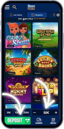 Dream Vegas Casino deposit screen with quick deposit options