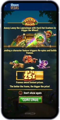Buildin' More Bucks slot game start screen with bonus features